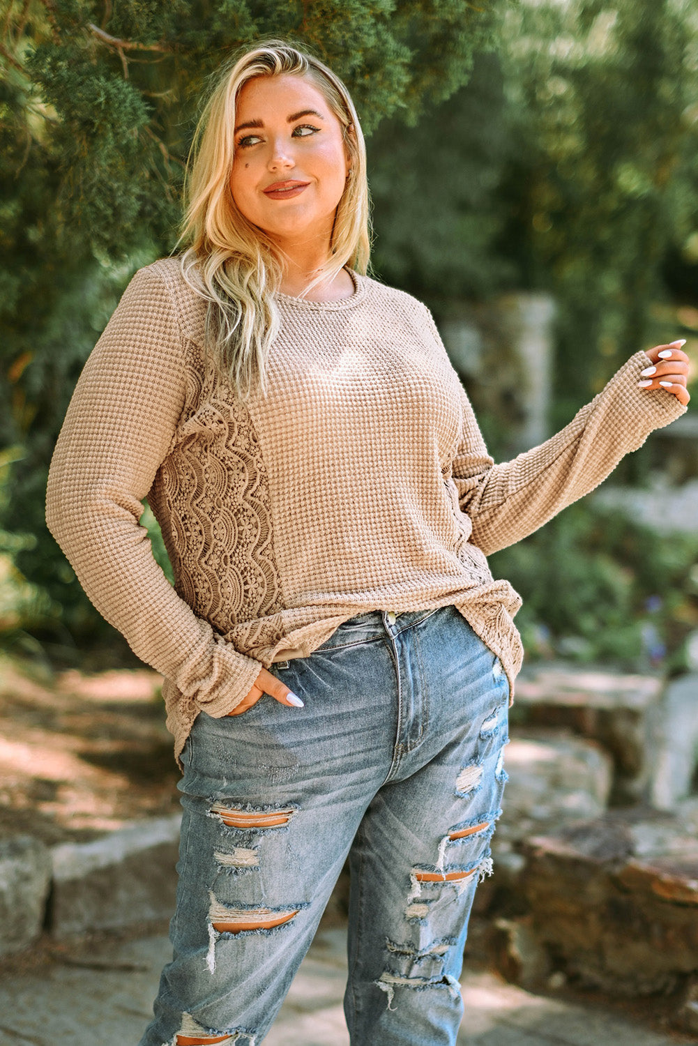 Haut en dentelle épissée en tricot gaufré grande taille