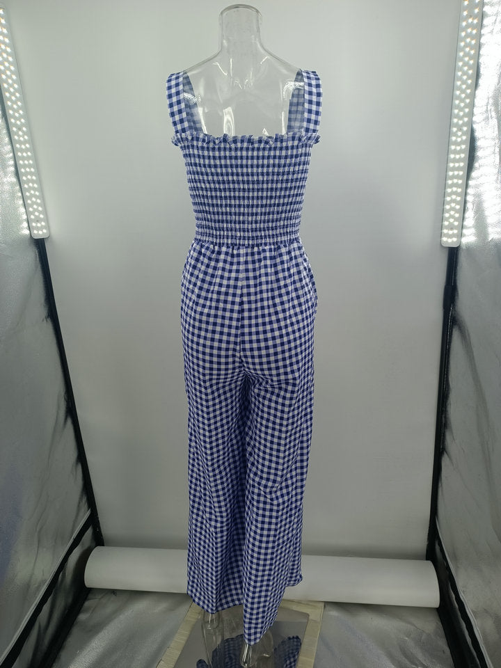 Elegant Trousers Plaid Mid Waist Casual Jumpsuit