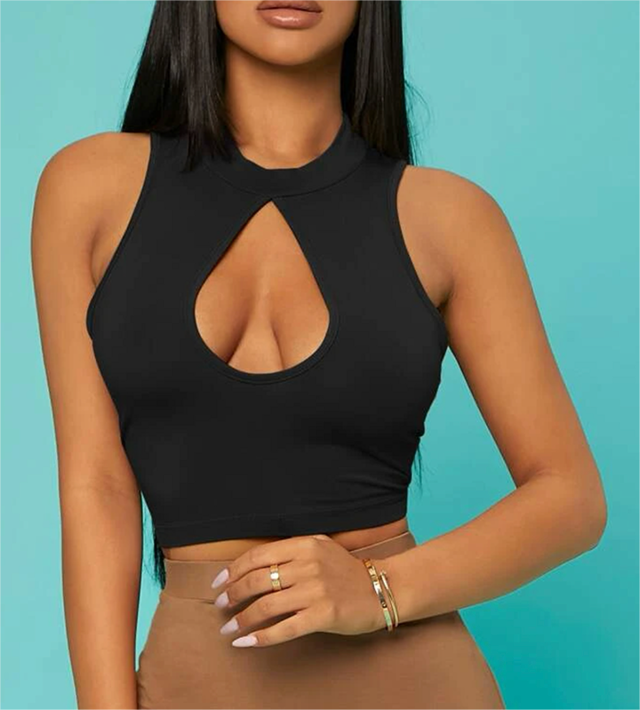 Blogueurs beauté poitrine goutte d'eau évider découpe sans manches coupe ajustée pull court tenue gilet