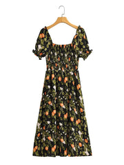 Square Collar Short Sleeve Elastic Waist Mid Length Printed Dress