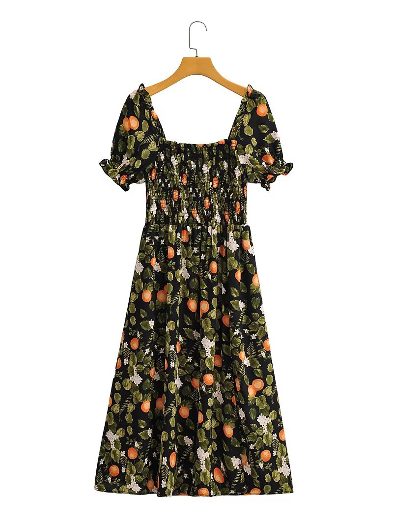 Square Collar Short Sleeve Elastic Waist Mid Length Printed Dress