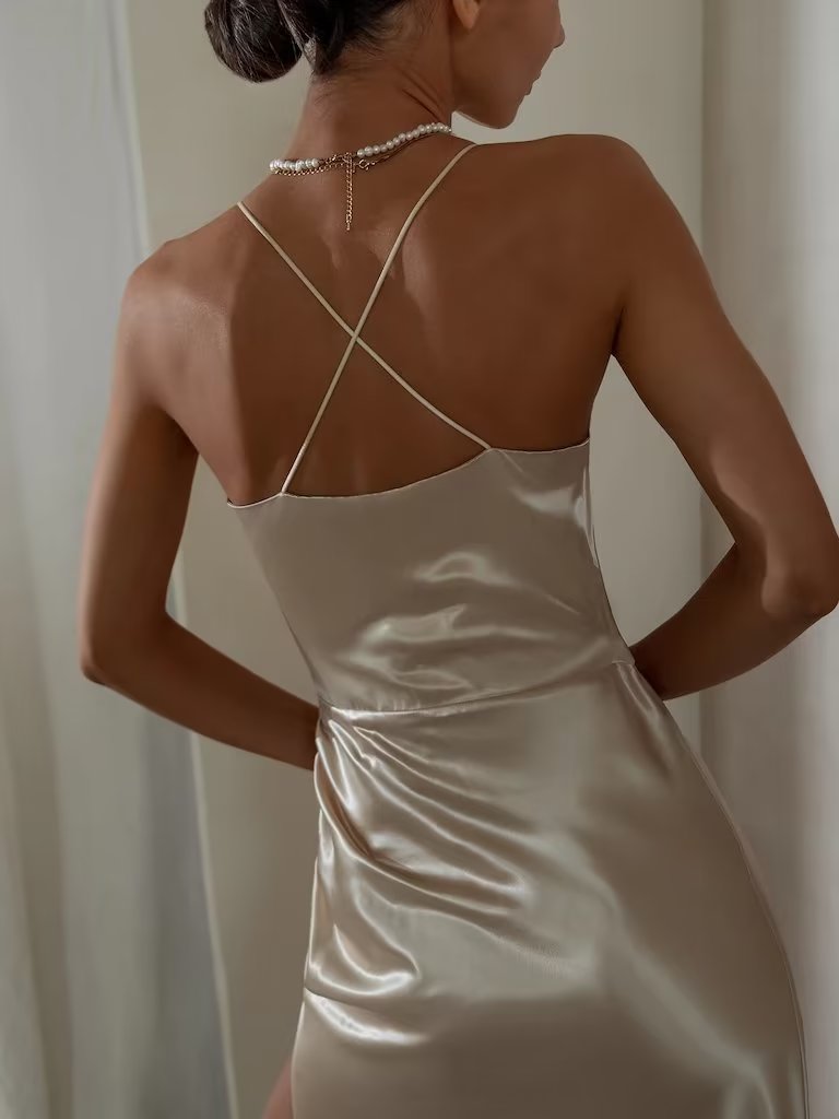 High Waist Backless Mid-Length Strap Satin Dress