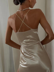 High Waist Backless Mid-Length Strap Satin Dress