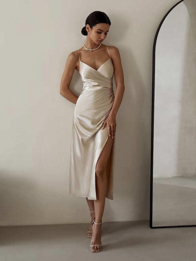High Waist Backless Mid-Length Strap Satin Dress