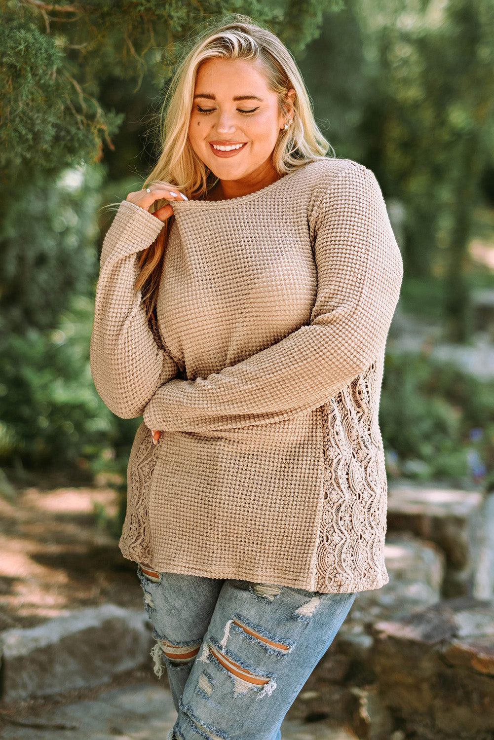 Haut en dentelle épissée en tricot gaufré grande taille