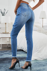Jean skinny taille haute effet usé
