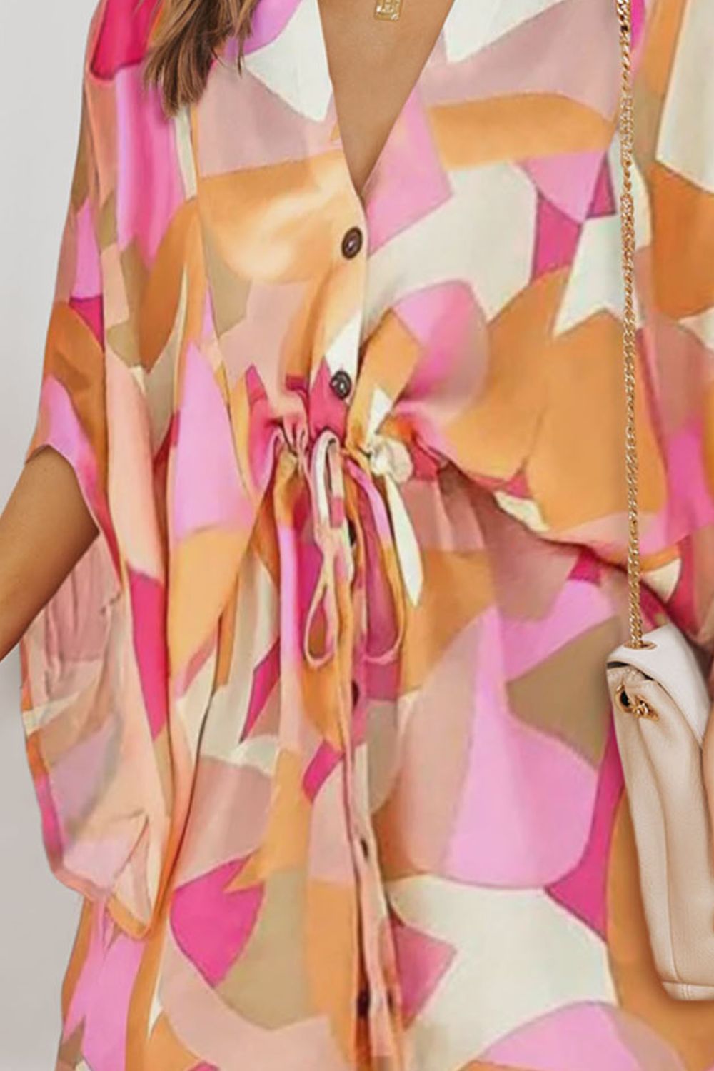 Robe imprimée à col en V et cordon de serrage à la taille