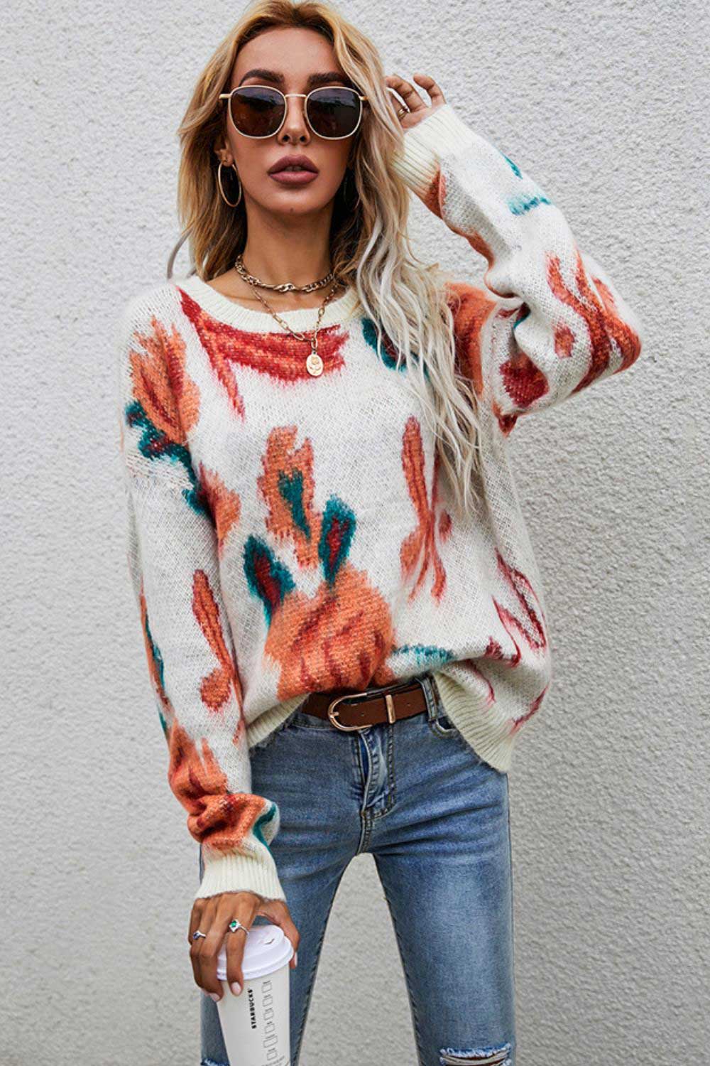 Printed Round Neck Dropped Shoulder Sweater