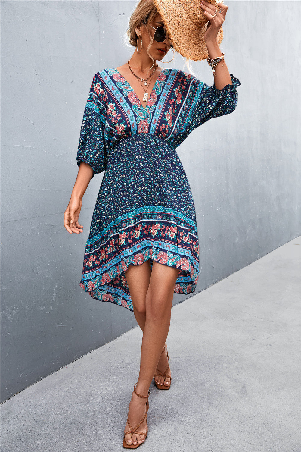 Robe bohème imprimée à col en V