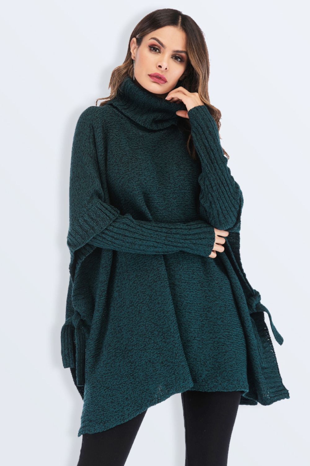 Tied Turtleneck Asymmetrical Hem Sweater