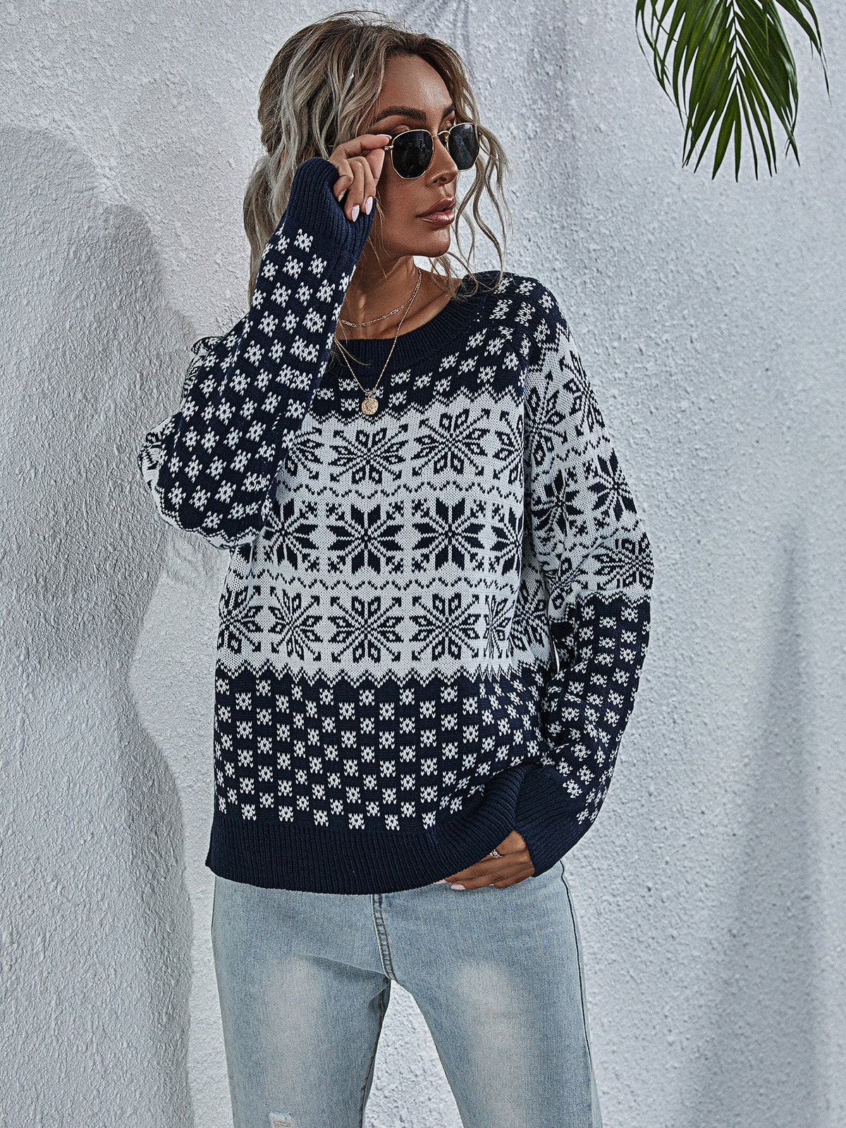 Snowflake Print Raglan Sleeve Sweater