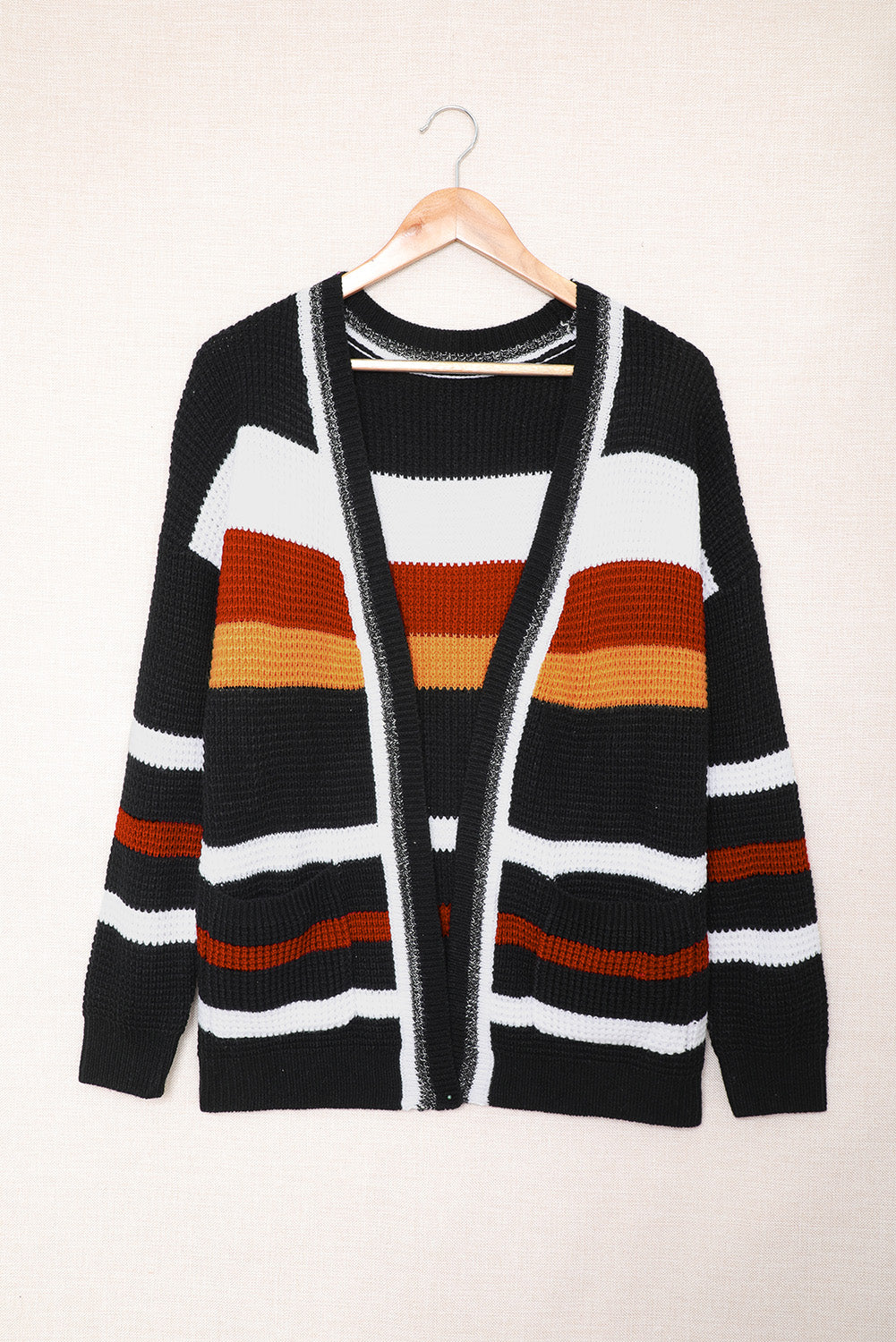Striped Open Front Dropped Shoulder Longline Cardigan