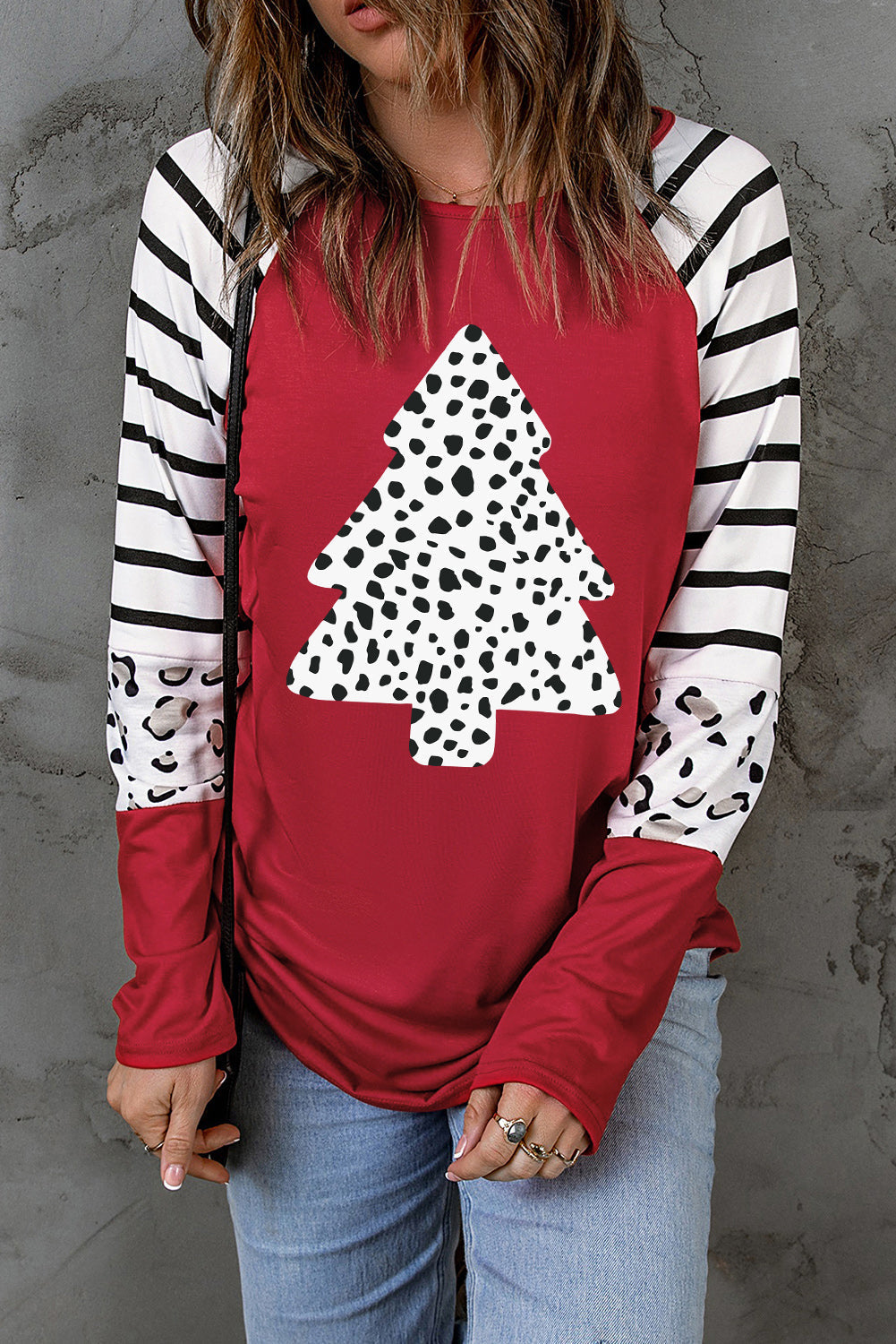 Red Leopard Christmas Tree Striped Color Block Graphic Top