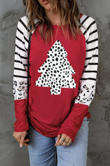 Red Leopard Christmas Tree Striped Color Block Graphic Top