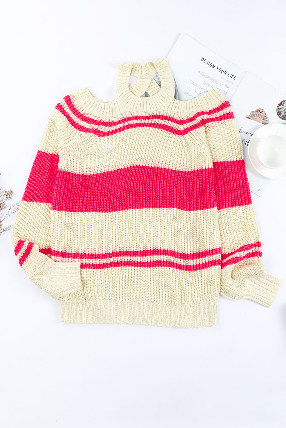 Striped Rib-Knit Cold-Shoulder Sweater