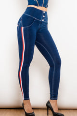 Skinny Jeans mit seitlichen Streifen und Knöpfen und hoher Taille