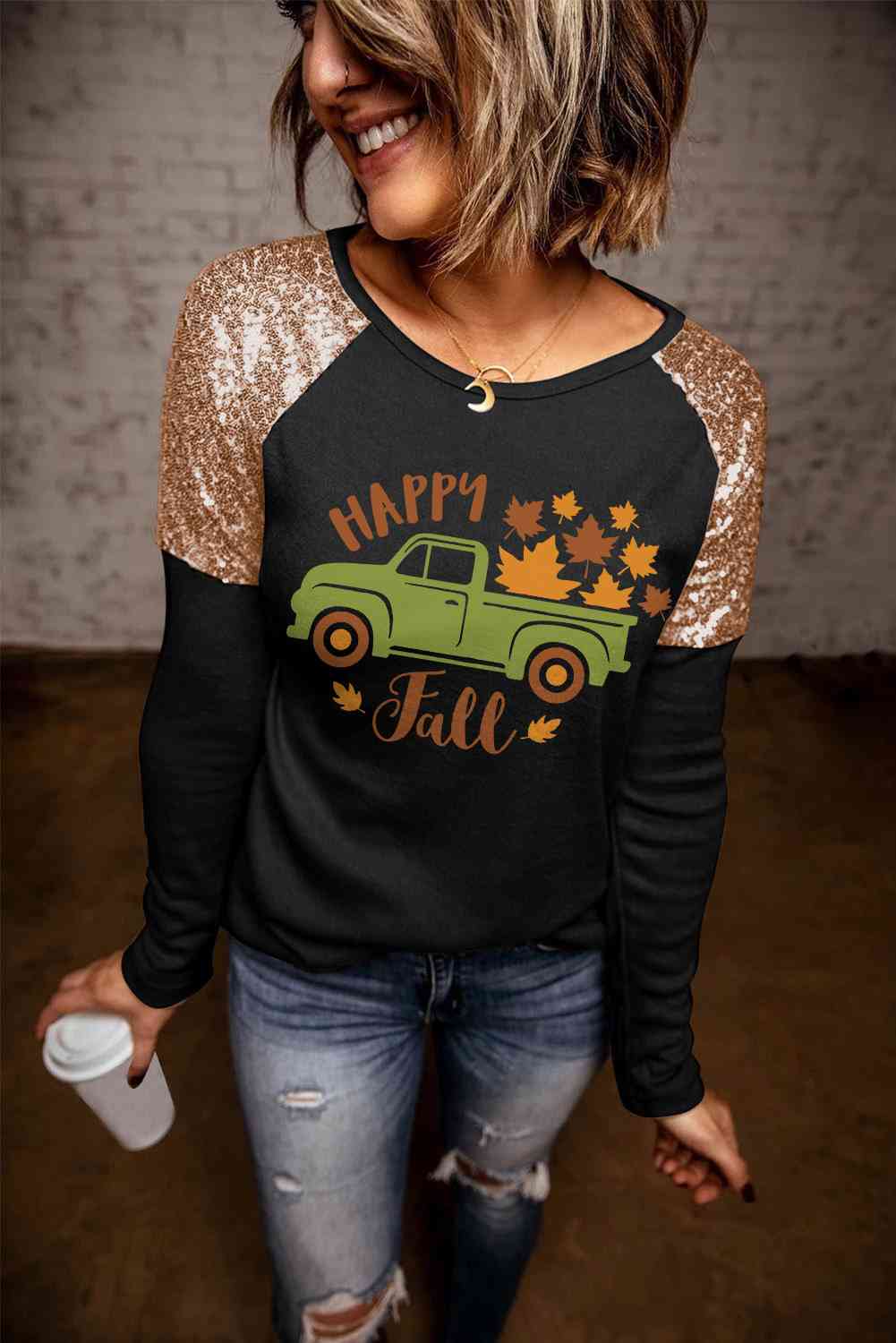 HAPPY FALL T-Shirt mit Grafik und Pailletten