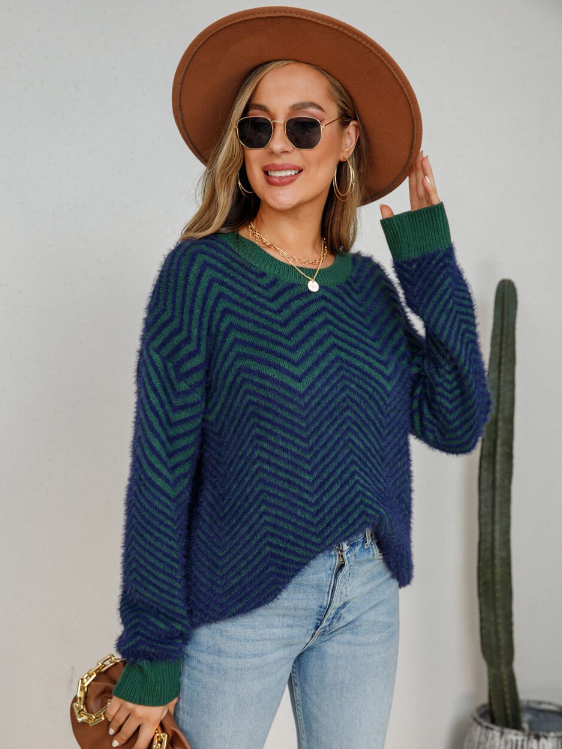 Chevron Two-Tone Fuzzy Sweater