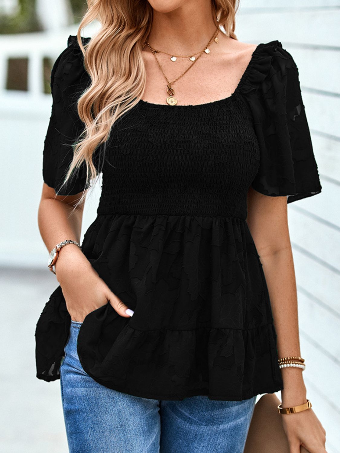 Gesmoktes Babydoll-Bluse mit quadratischem Ausschnitt