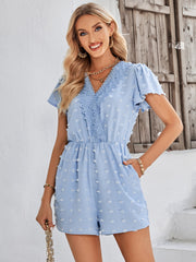 Swiss Dot Lace Trim Flutter Sleeve Romper with Pockets