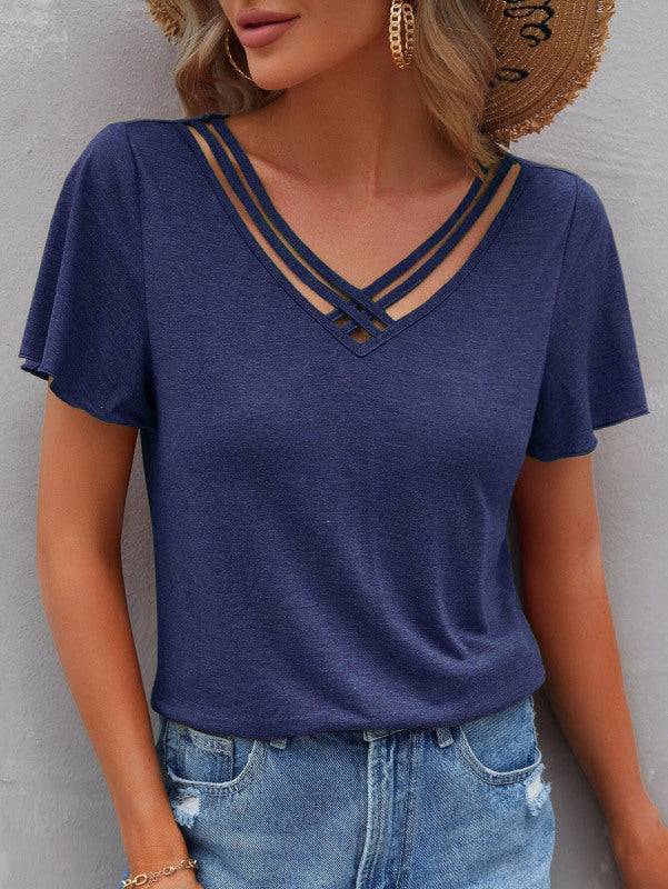 Solid Color Ruffle Sleeve Short Sleeve Top T-Shirt
