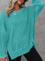 round neck long sleeve side slit waffle knit top