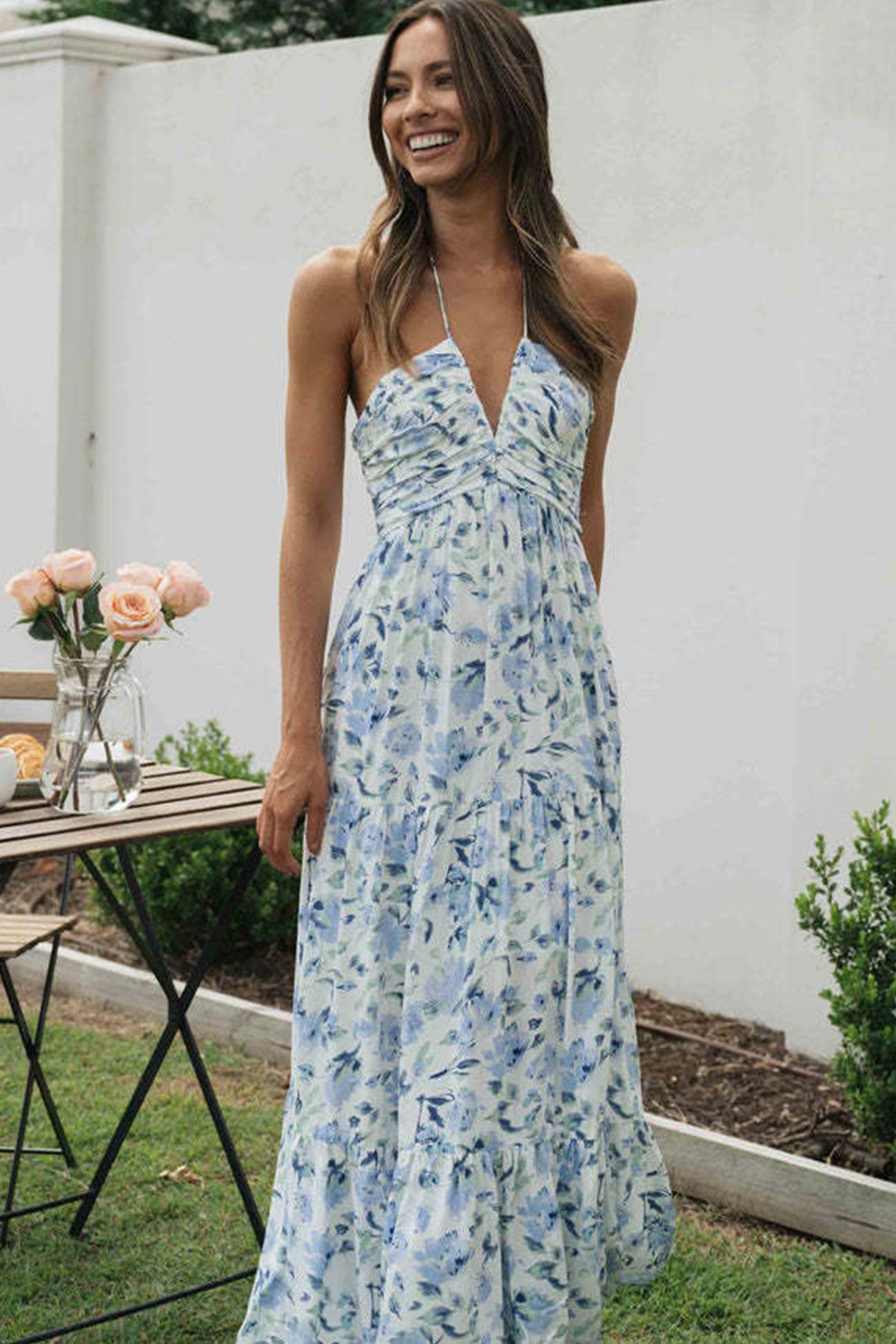 Halter Floral Print Chiffon Maxi Dress – Evshp