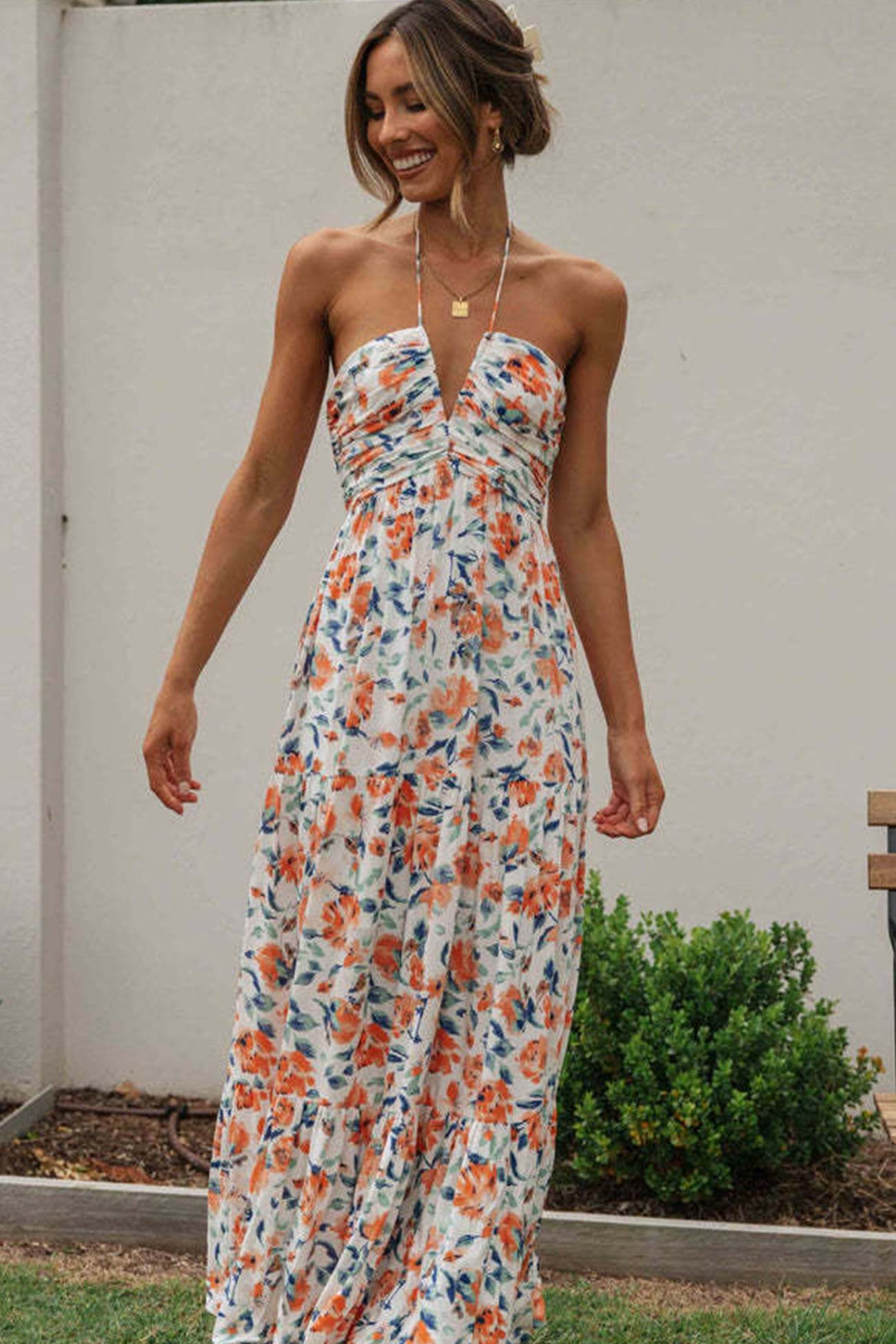 Halter Floral Print Chiffon Maxi Dress – Evshp