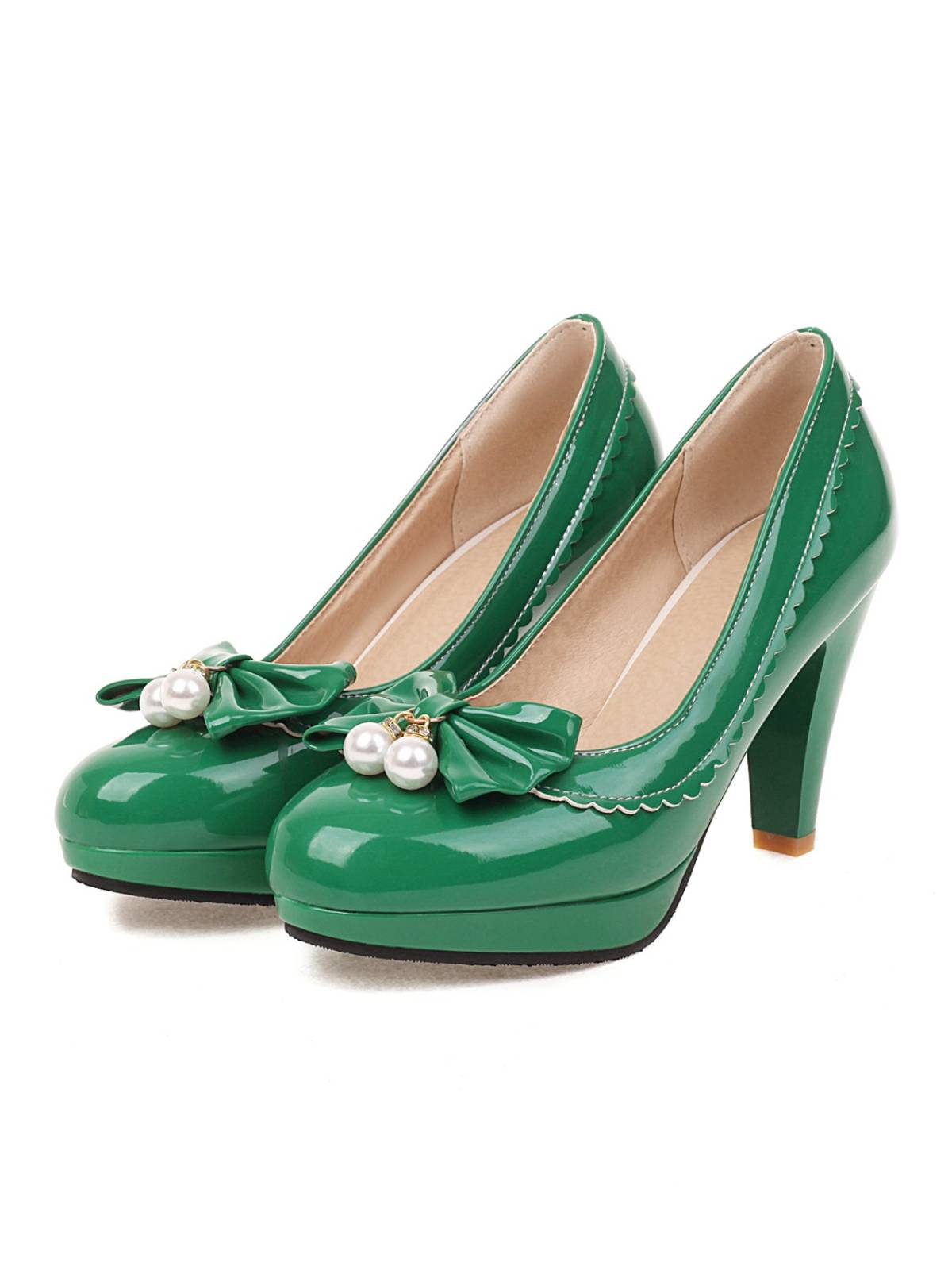 Chaussures à talons hauts rétro avec nœud et perles