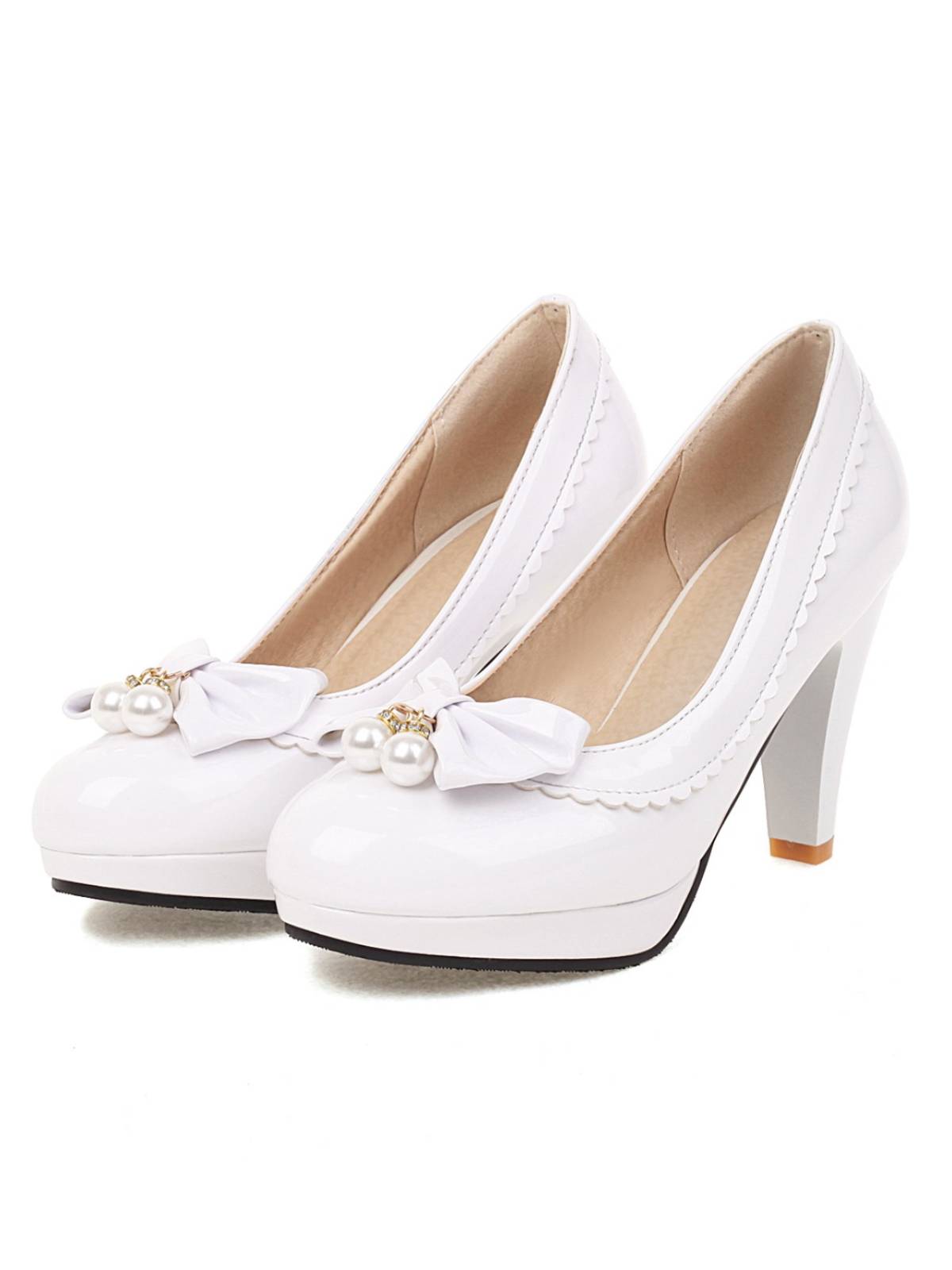 Chaussures à talons hauts rétro avec nœud et perles