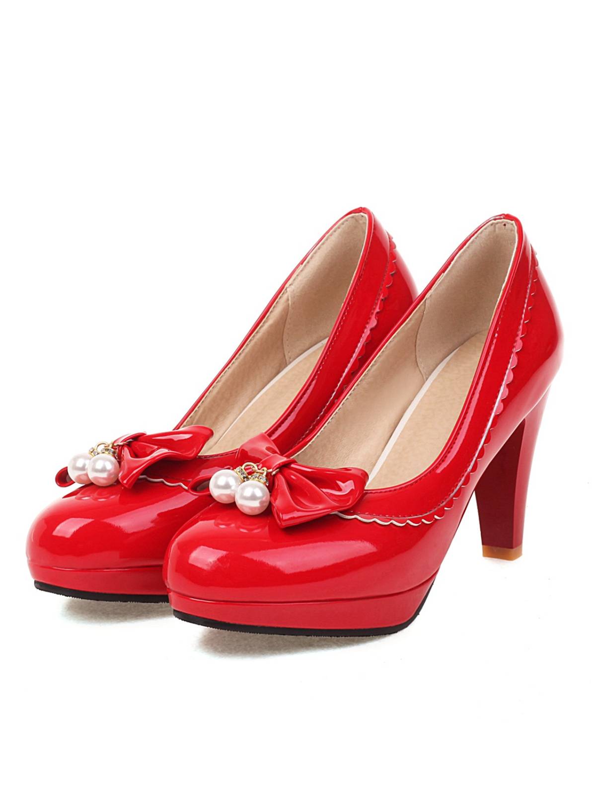 Chaussures à talons hauts rétro avec nœud et perles
