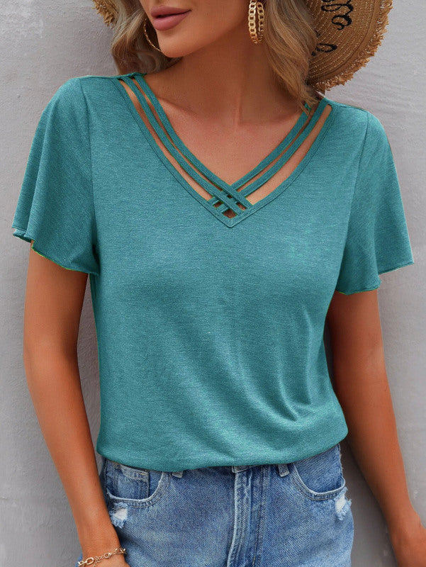 Solid Color Ruffle Sleeve Short Sleeve Top T-Shirt