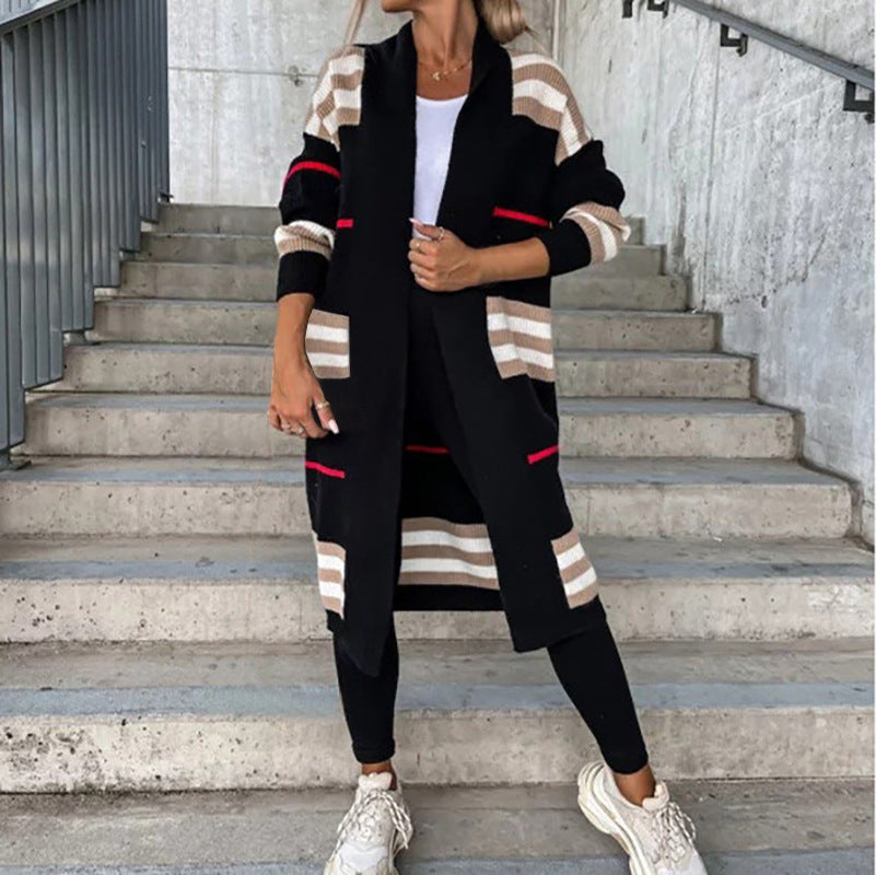 Women's long color block striped cardigan
