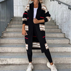 Women's long color block striped cardigan