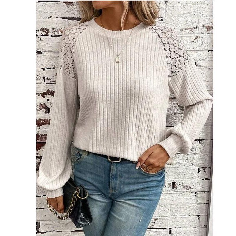 Comfort Casual Lace Stitching Solid Color Pullover Long Sleeve Top T Shirt