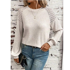 Comfort Casual Lace Stitching Solid Color Pullover Long Sleeve Top T Shirt