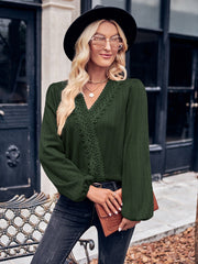 Casual V neck Imitation Sweater Lace Long Sleeved Top