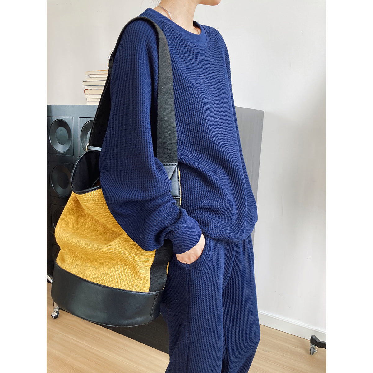 Korean-Style Long-Sleeved Waffle Sweater Ankle-Tied Sweatpants Two-Piece Suit Casual Exercise