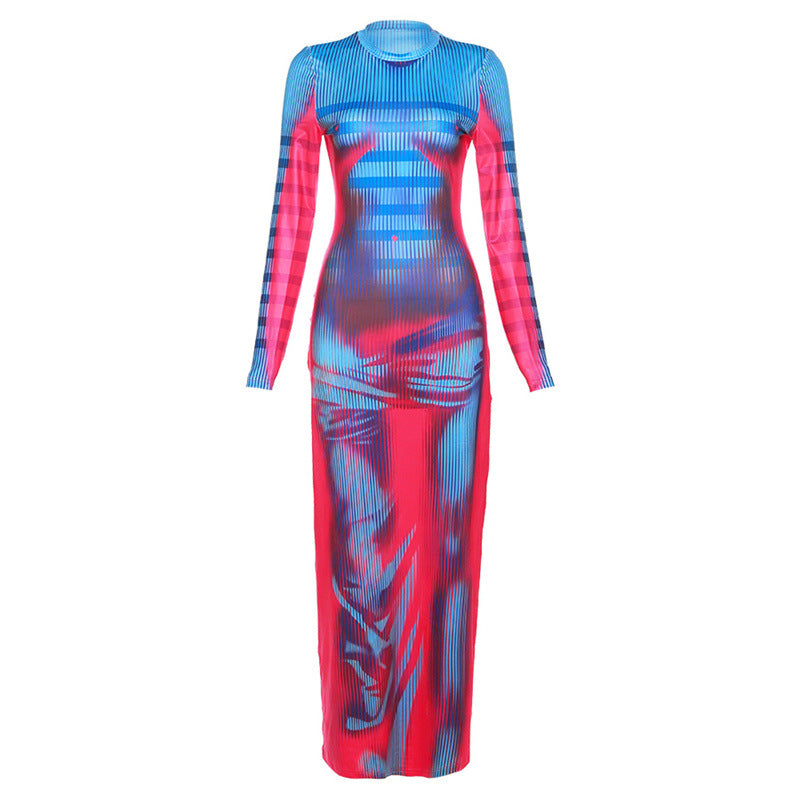 Long Sleeve Printed High Waist Slim Slimming Maxi Dress