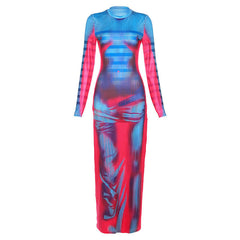 Long Sleeve Printed High Waist Slim Slimming Maxi Dress
