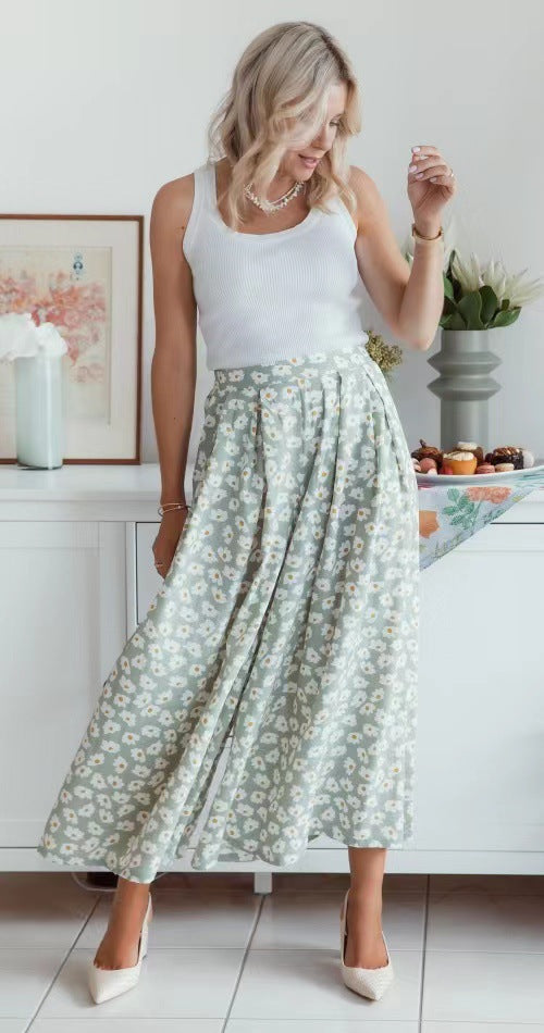 Office Green No Belt Loose Little Daisy Cotton Trousers Mid Waist Wide Leg Pants