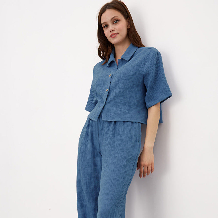 Pure Cotton Confinement Double Layer Crepe Cloth Maternity Pajamas Two Piece Set Homewear Set