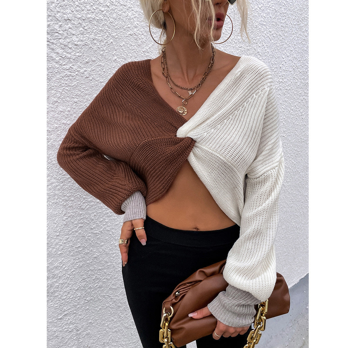 Knot Color Matching cropped V neck Pullover Sweater