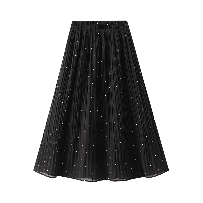 Fresh Small Polka Dot Chiffon Pleated Skirt Polka Dot Pleated High Waist A Line Midi Skirt