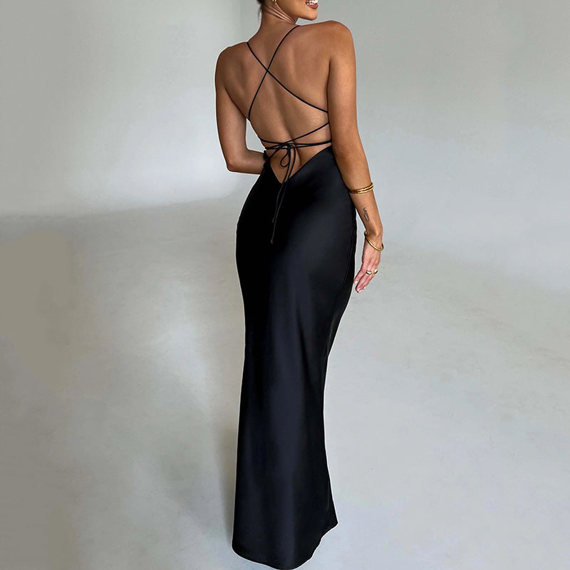 Strap Satin Dress Backless Lace up Waist Controlled Maxi Dress