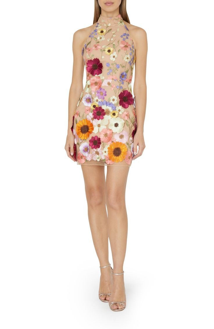 Embroidered Three Dimensional Floral Halter Slim Dress Small Dress
