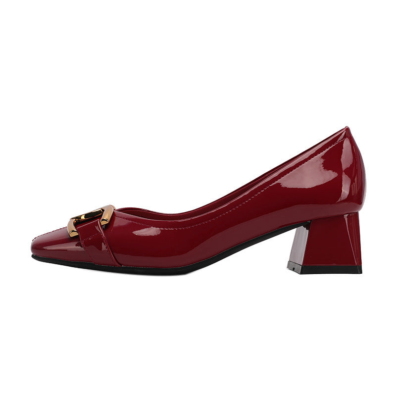 Women's Chunky French Retro Two-way Patent Metal