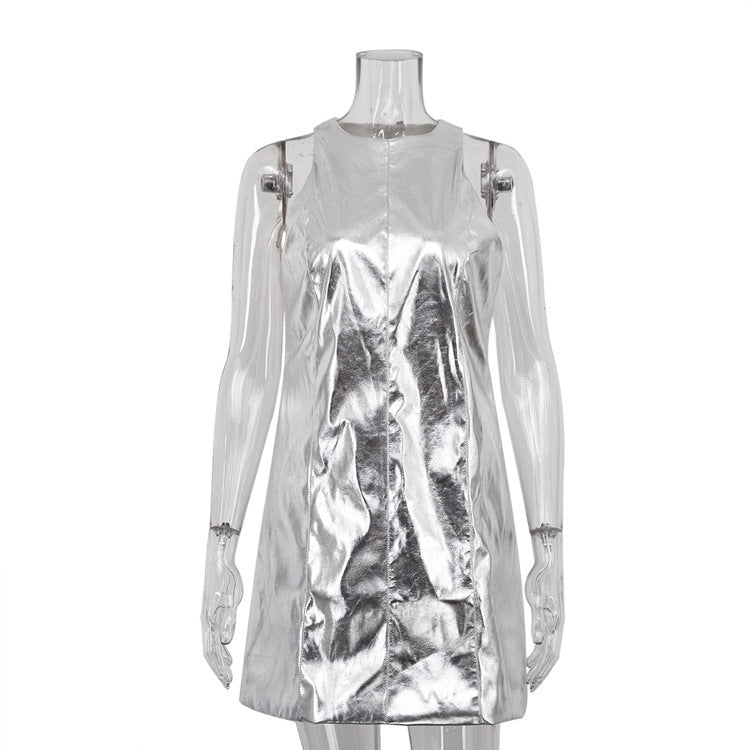 Robe gilet de boîte de nuit en similicuir réfléchissant, robe courte sans manches