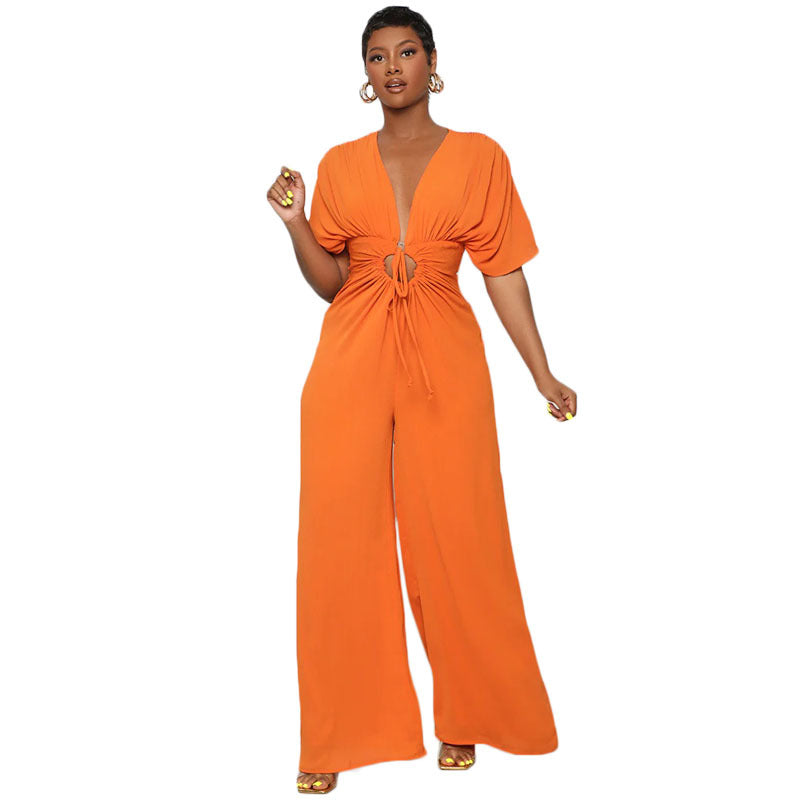 Solid Color V neck Batwing Sleeve Hollow Out Cutout Lace up Jumpsuit