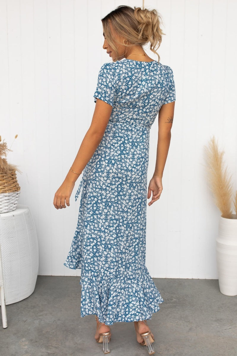 Robe cardigan imprimée à lacets et manches courtes et col en V